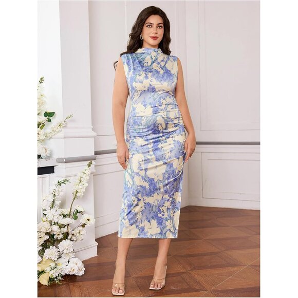 Women's Plus Size Floral Sleeveless Bodycon Midi Dress with Mock Neck - Picture 6 of 6